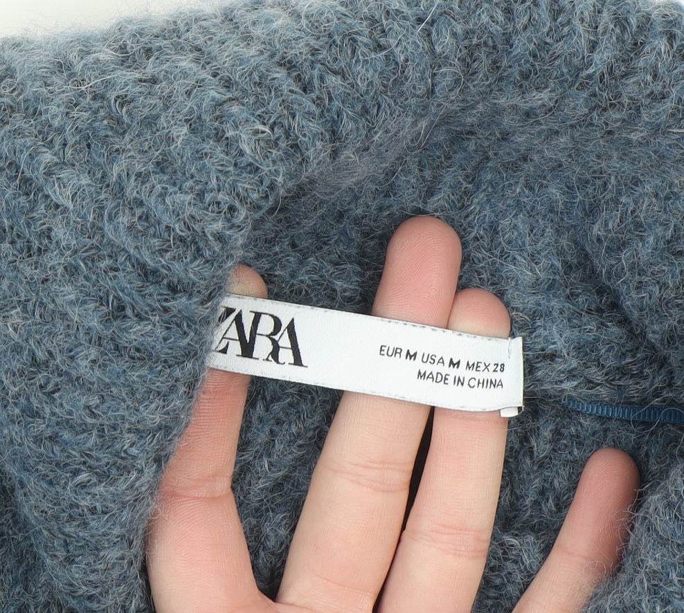 ZARA Women Blue Roll Neck Chunky-Knit Wool Blend Jumper Size 12