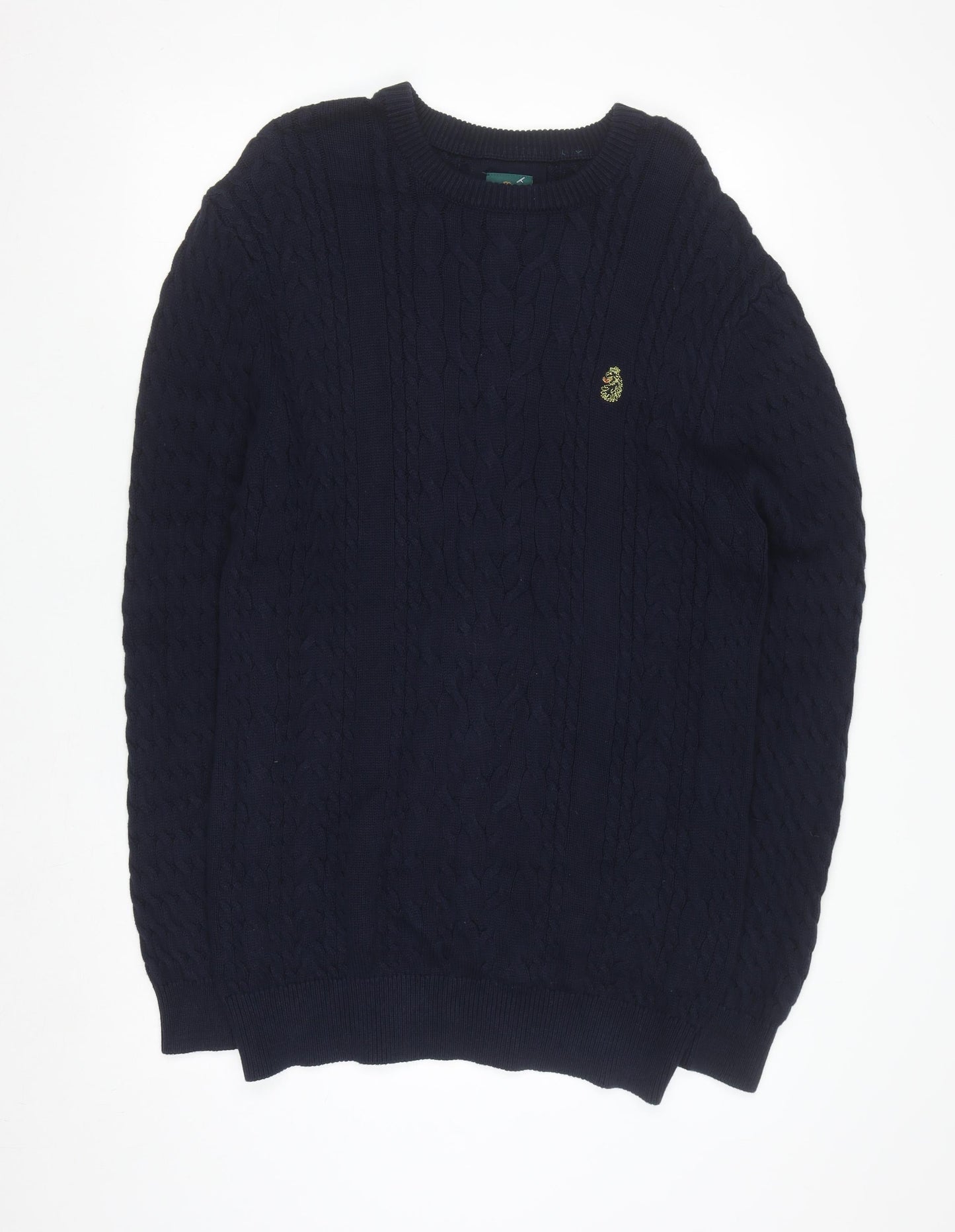 Luke Sport Men's Navy Blue Cotton Cable-Knit Crew Neck Jumper M