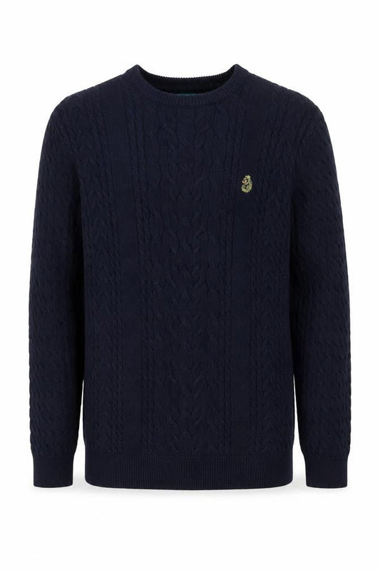 Luke Sport Men's Navy Blue Cotton Cable-Knit Crew Neck Jumper M