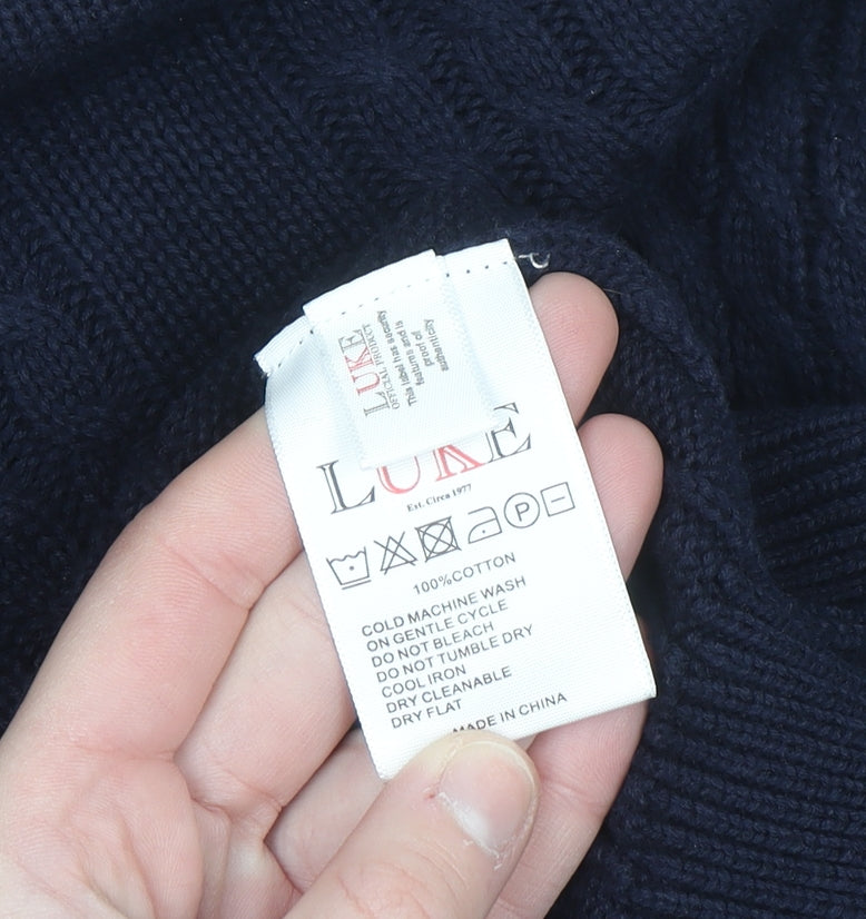 Luke Sport Men's Navy Blue Cotton Cable-Knit Crew Neck Jumper M