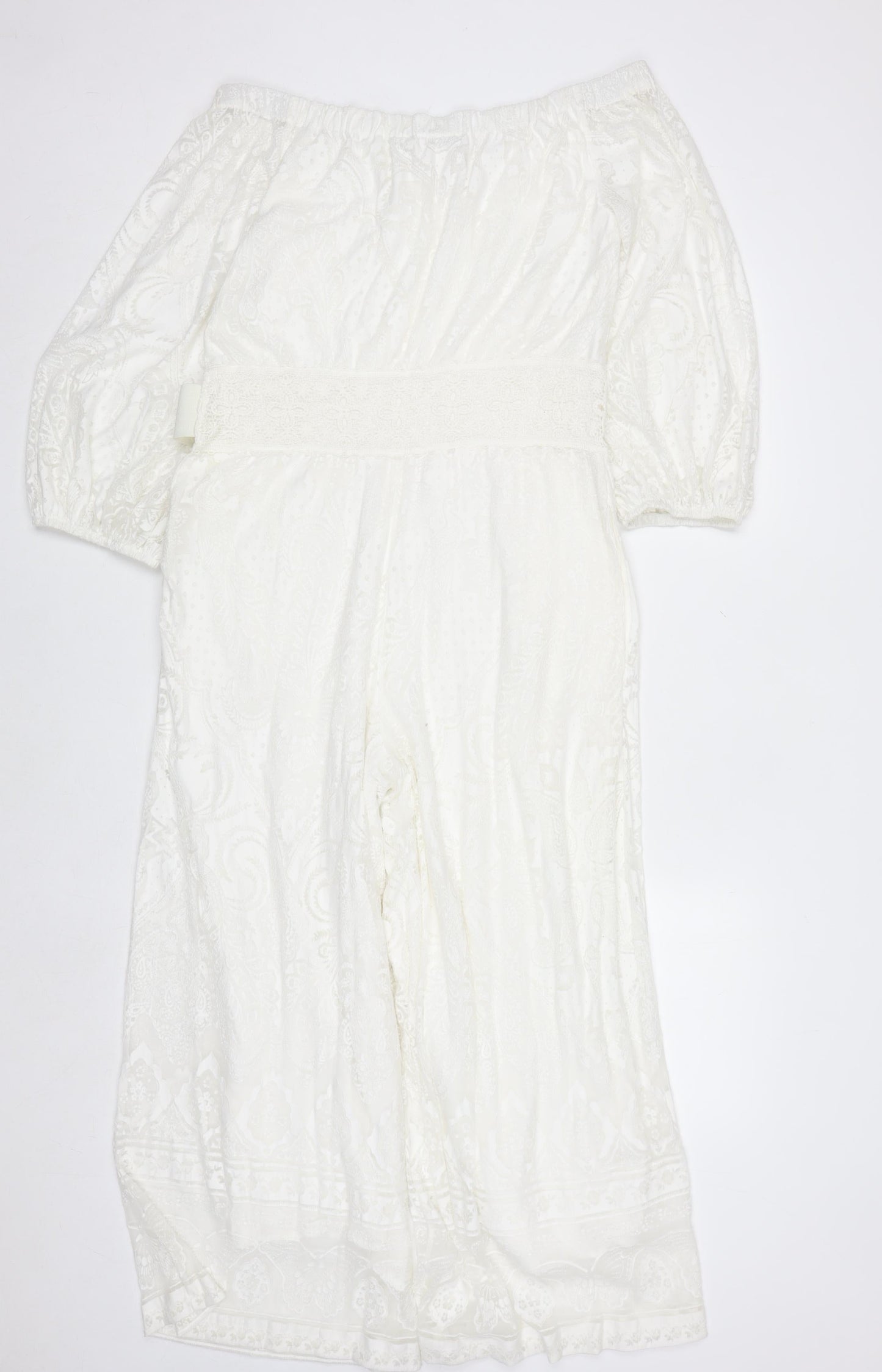 FARM Rio for Anthropologie Women's Ivory Off-Shoulder Embroidered Jumpsuit M