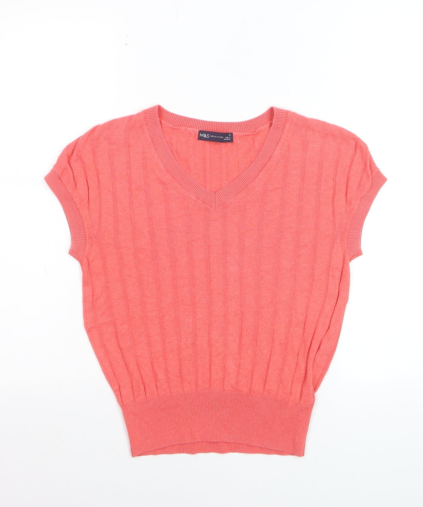 Marks and Spencer Women’s Pink V-Neck Ribbed Short Sleeve Jumper Size S