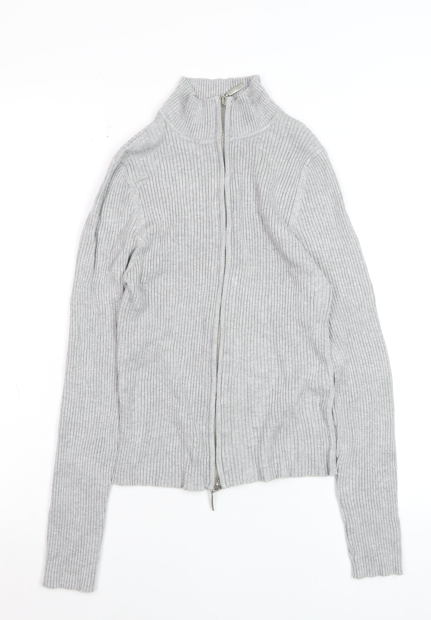 Stradivarius Women’s Grey Ribbed Full Zip Mock Neck Jumper Size 14