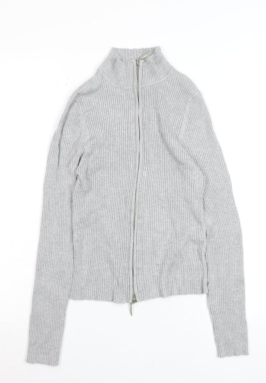 Stradivarius Women’s Grey Ribbed Full Zip Mock Neck Jumper Size 14