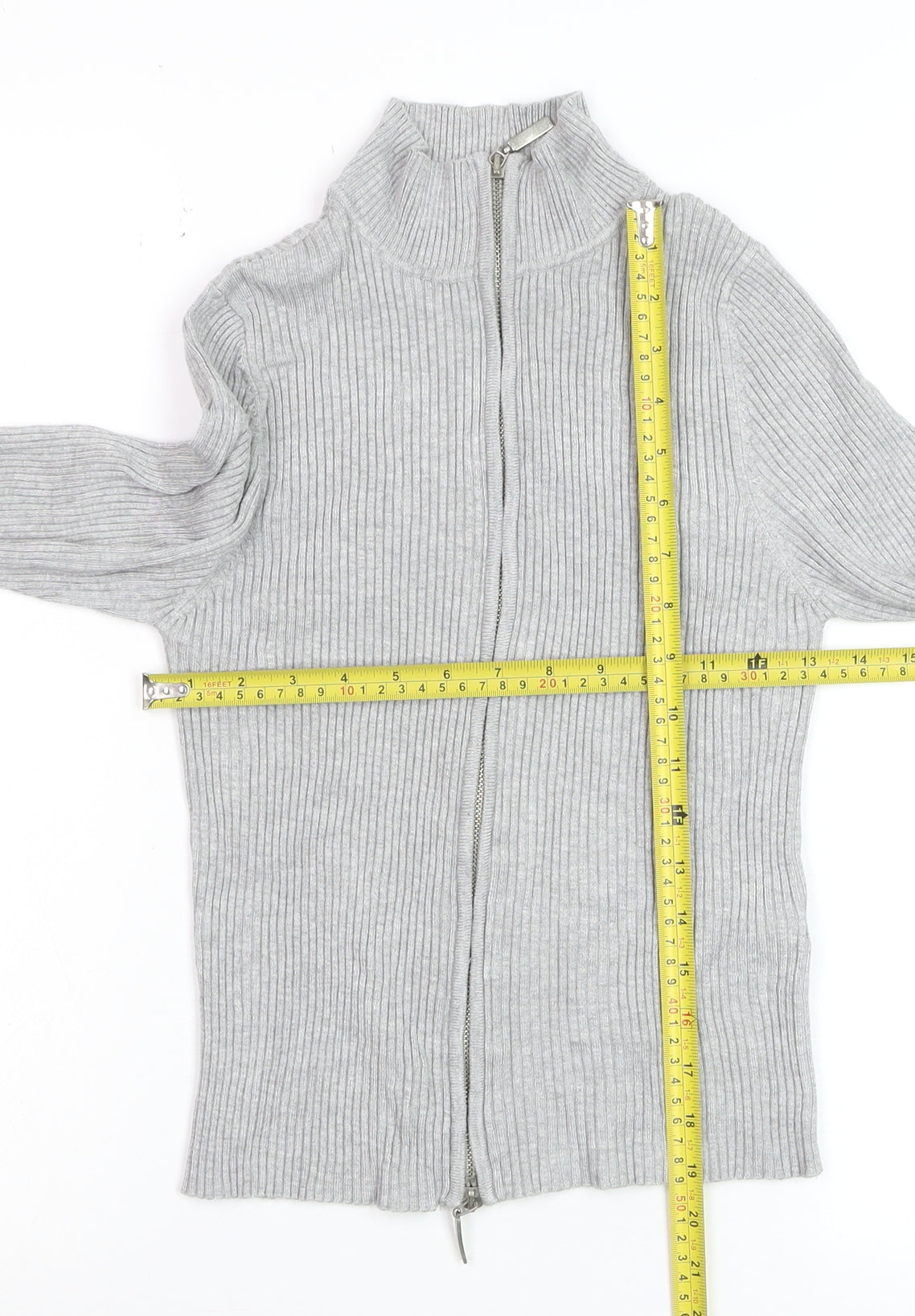 Stradivarius Women’s Grey Ribbed Full Zip Mock Neck Jumper Size 14