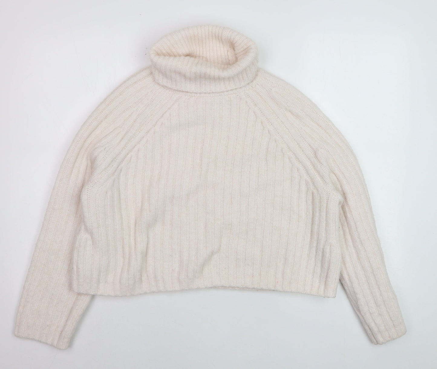 ZARA Women Ivory Roll Neck Ribbed Knit Wool Blend Jumper Size S