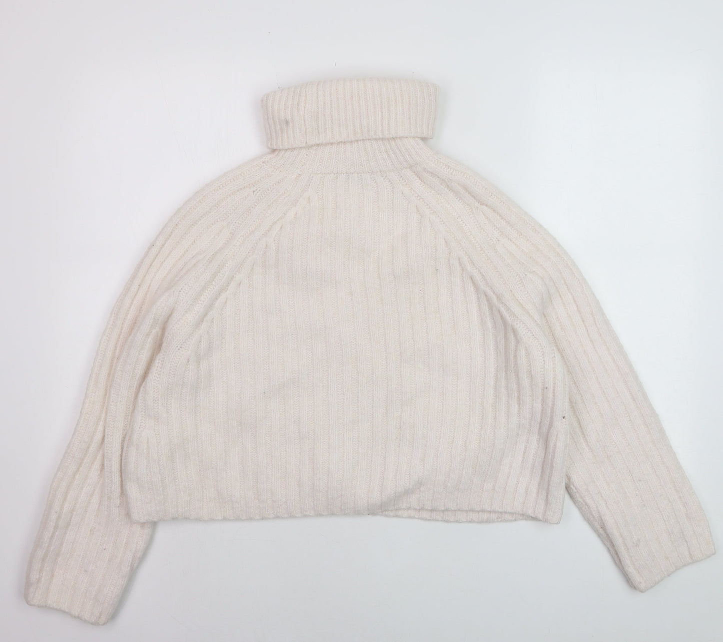 ZARA Women Ivory Roll Neck Ribbed Knit Wool Blend Jumper Size S