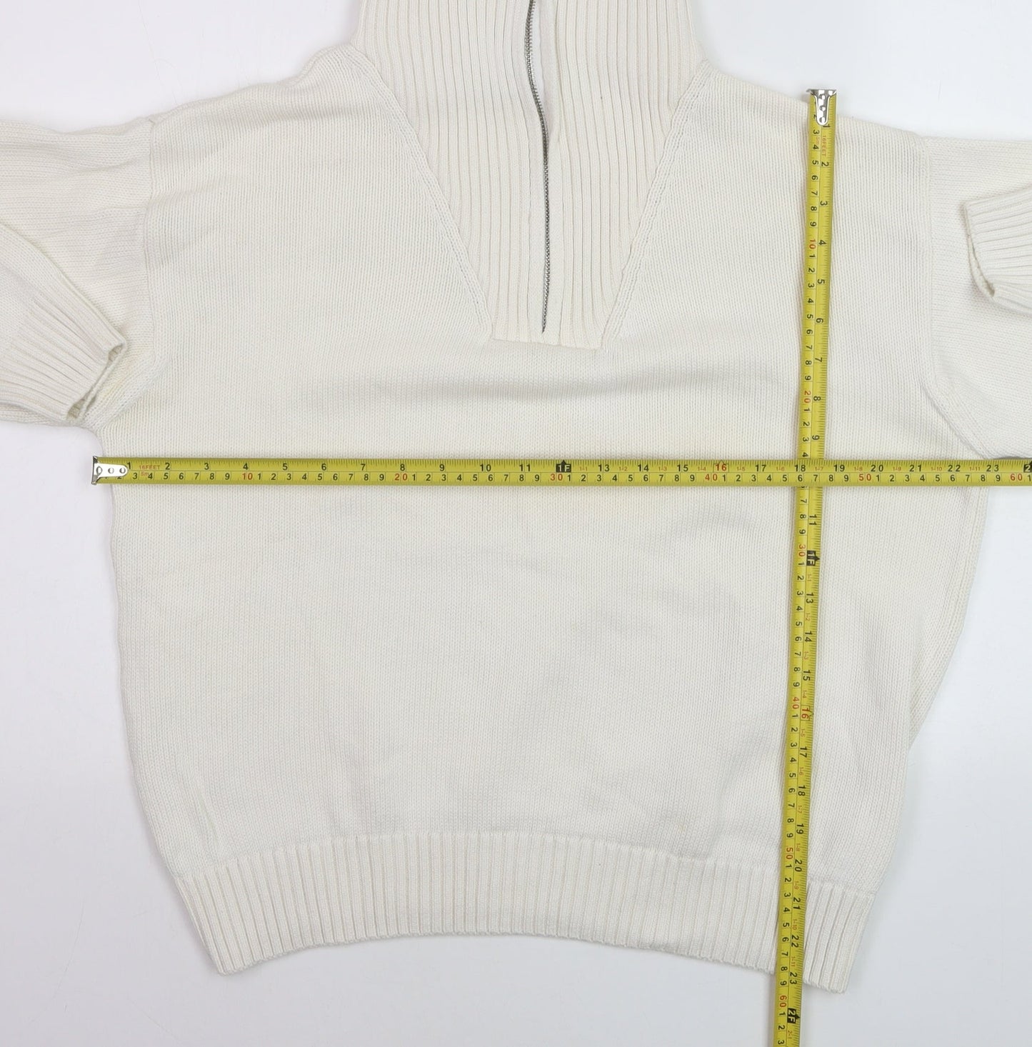 ZARA Women’s Ivory High Neck Zip Cotton Jumper XL Relaxed Fit