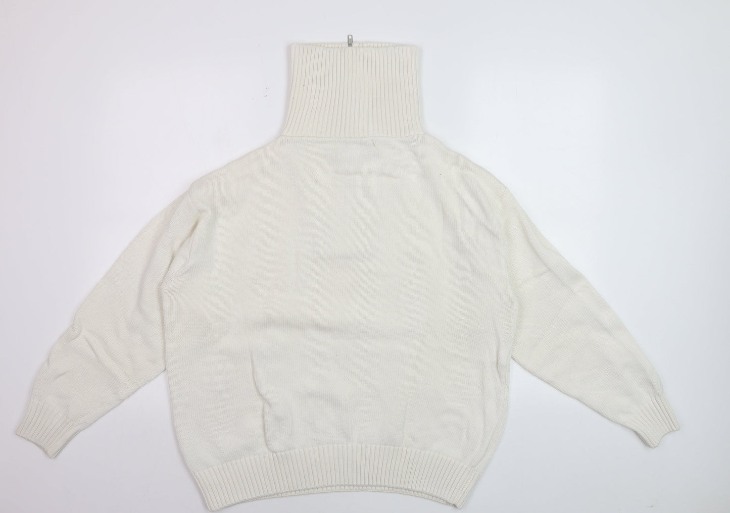 ZARA Women’s Ivory High Neck Zip Cotton Jumper XL Relaxed Fit