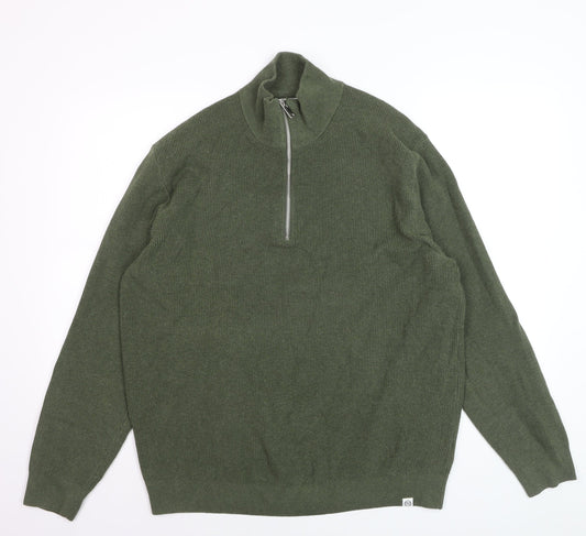 Marks and Spencer Men's Green XL 1/2 Zip Cotton Blend Jumper