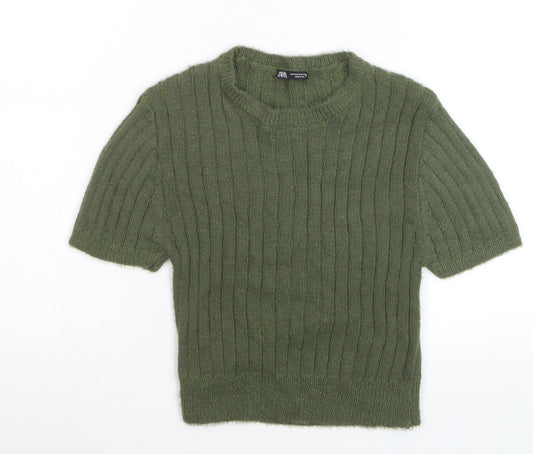 Zara Women Green Ribbed Knit Mohair Wool Short Sleeve Jumper Size 12