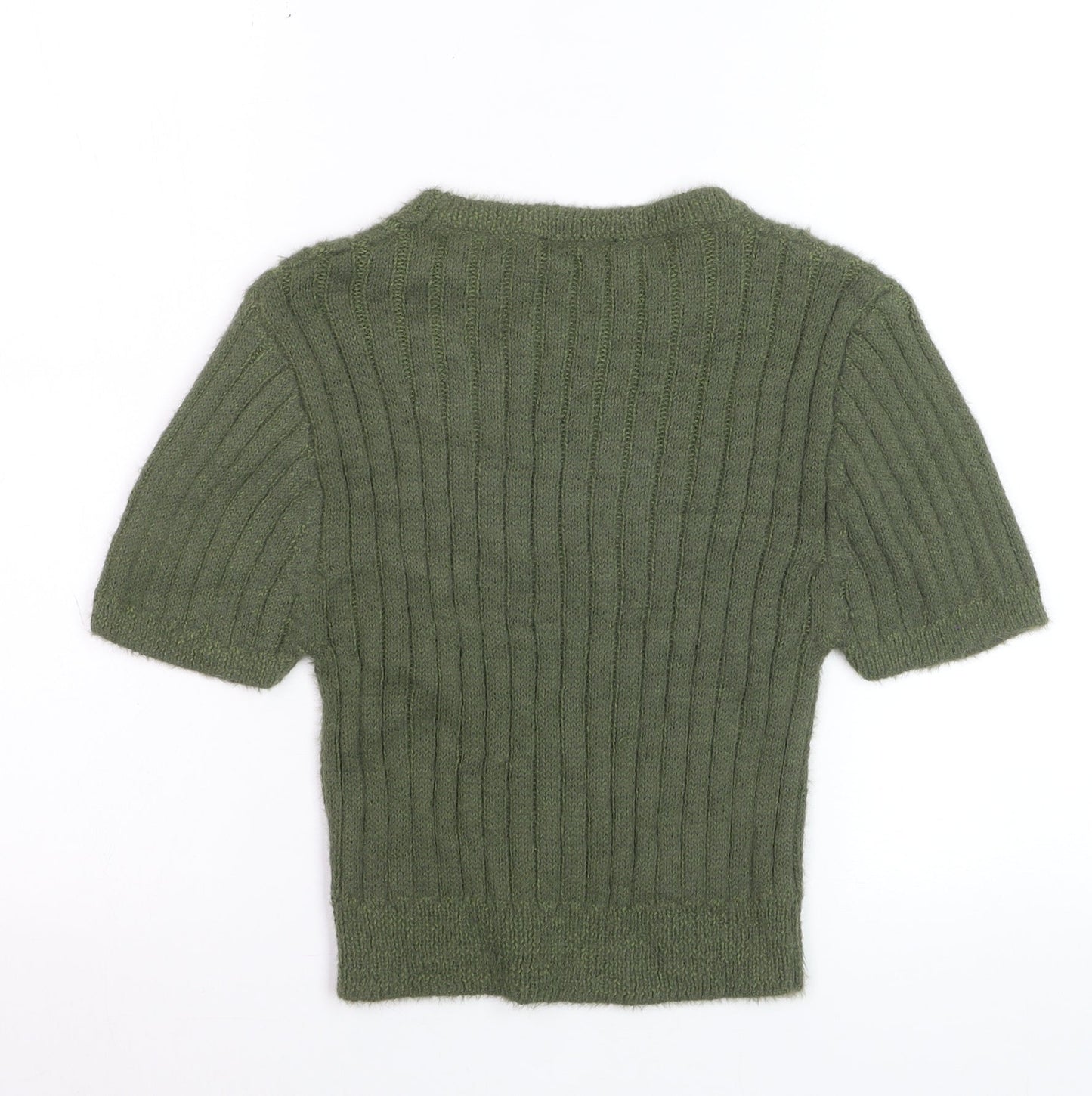 Zara Women Green Ribbed Knit Mohair Wool Short Sleeve Jumper Size 12