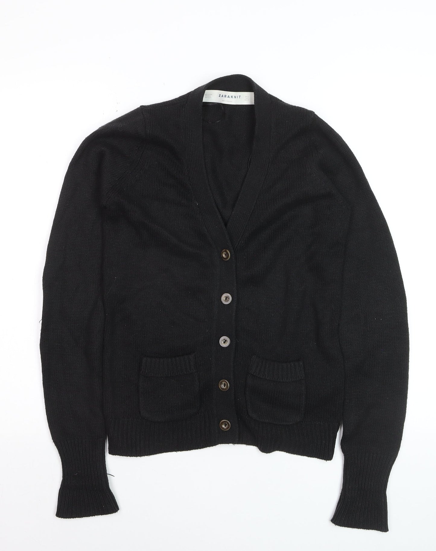 ZARA Women Black V-Neck Cardigan S Acrylic Angora Knit