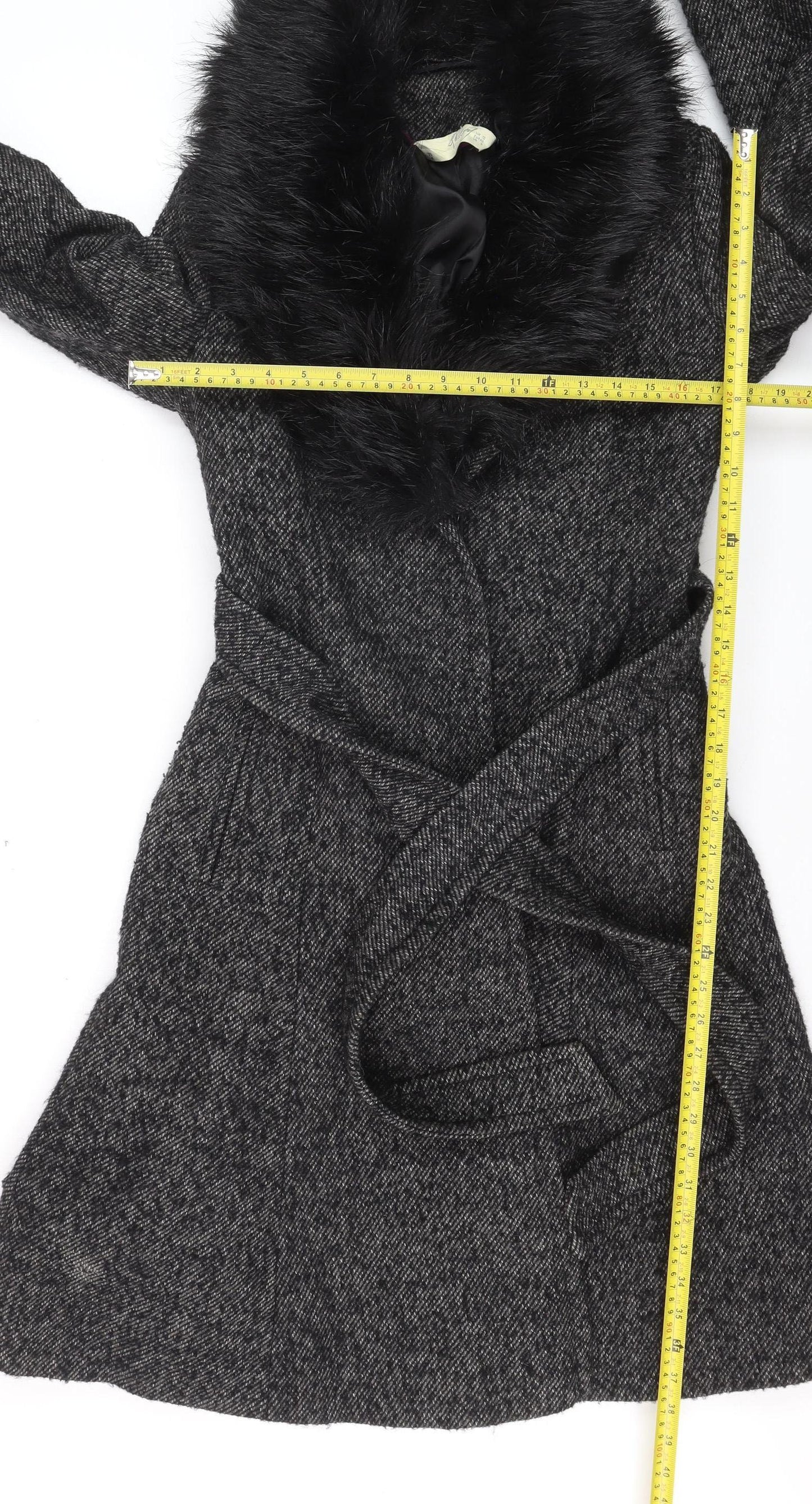 Gallery Women’s Grey Wool Blend Belted Faux Fur Collar Long Coat Size 12