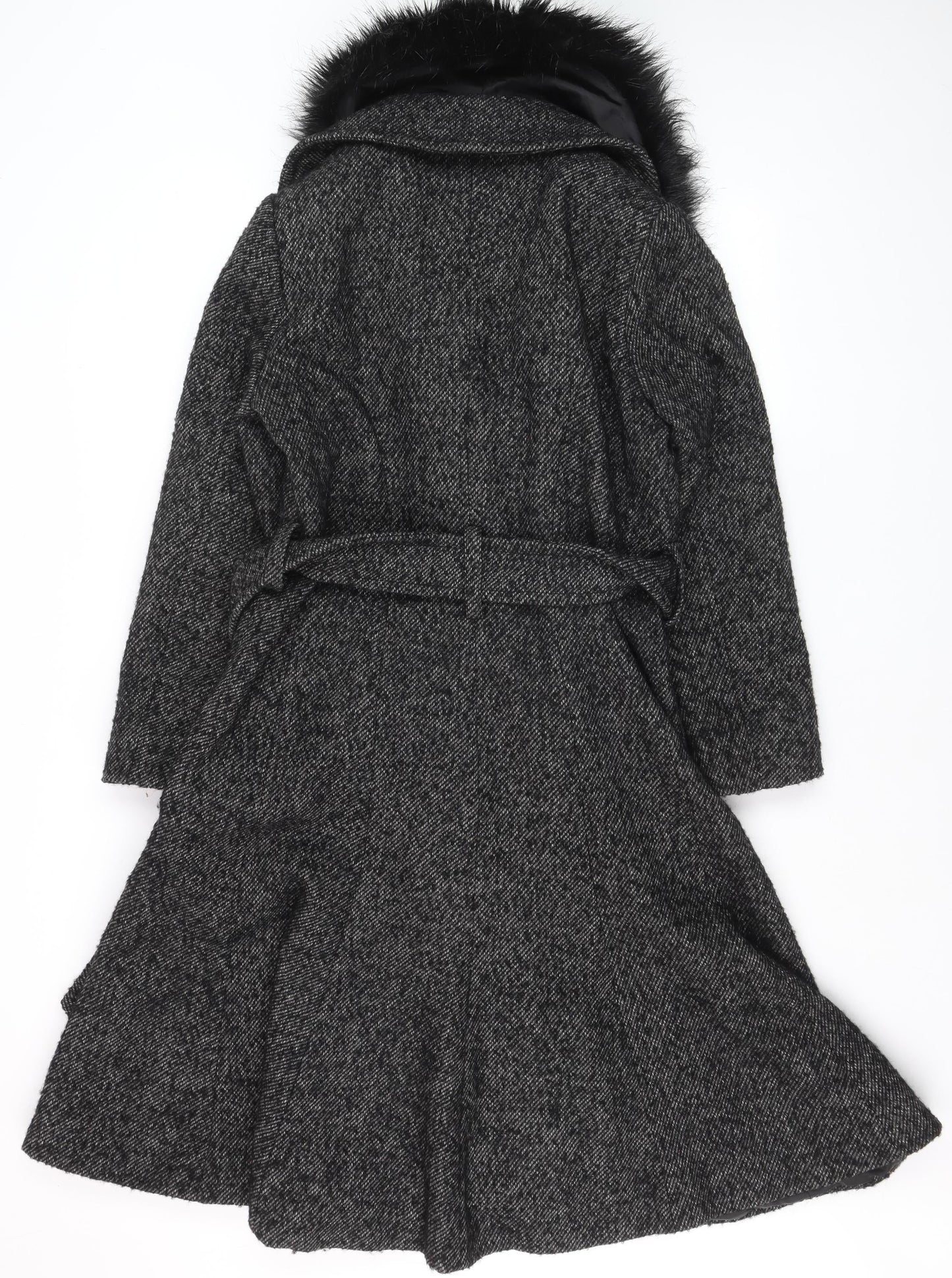 Gallery Women’s Grey Wool Blend Belted Faux Fur Collar Long Coat Size 12