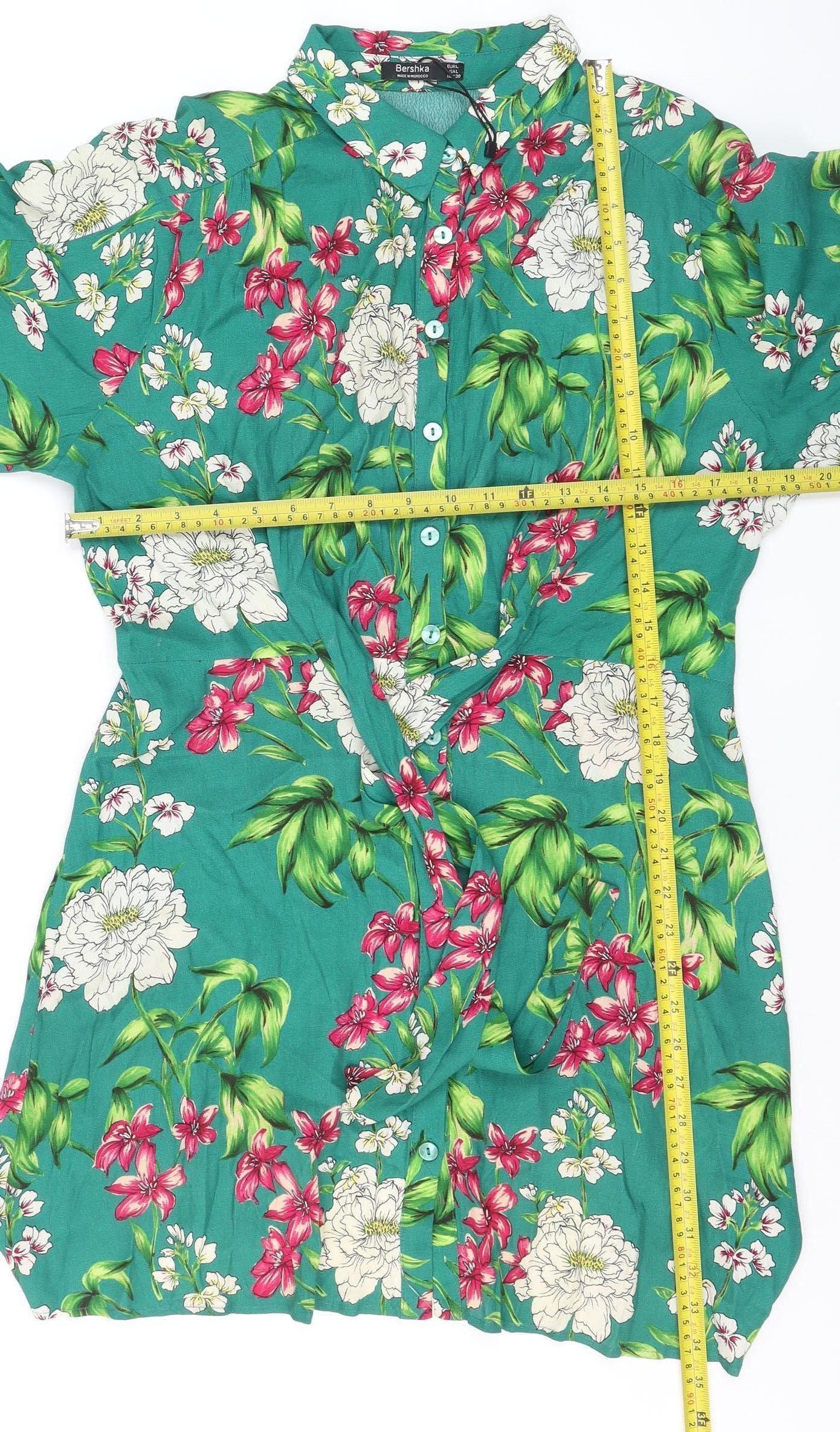 Bershka Women’s Green Floral Collared Button-Up Tunic Shirt Size L