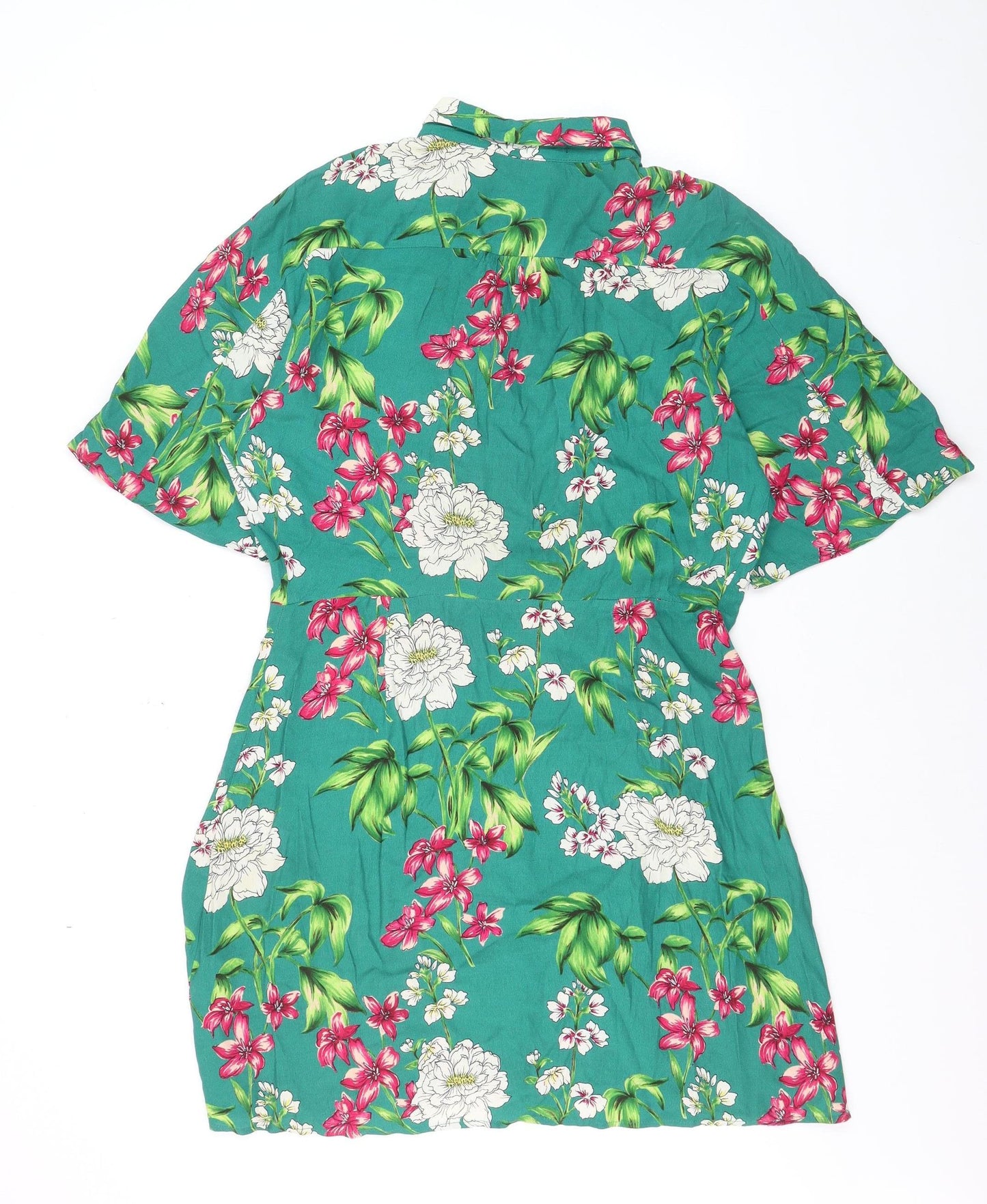 Bershka Women’s Green Floral Collared Button-Up Tunic Shirt Size L