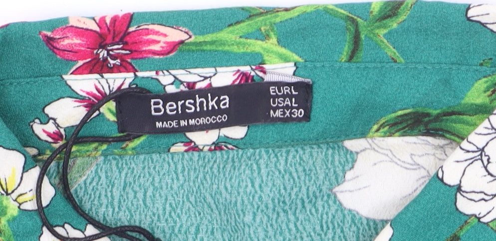Bershka Women’s Green Floral Collared Button-Up Tunic Shirt Size L