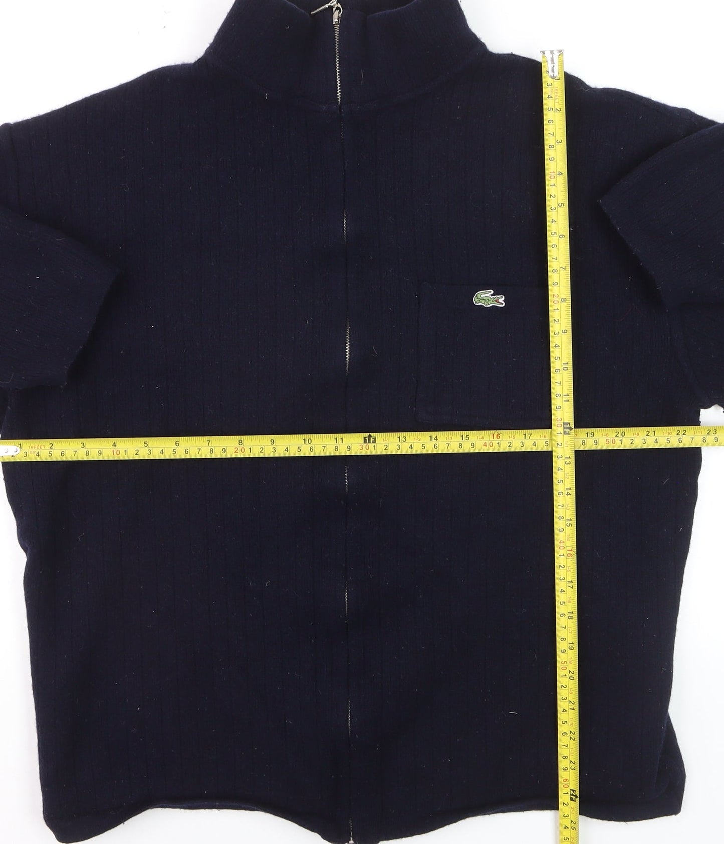 Lacoste Men's Blue Wool Full Zip Jumper 2XL High Neck Classic Knit