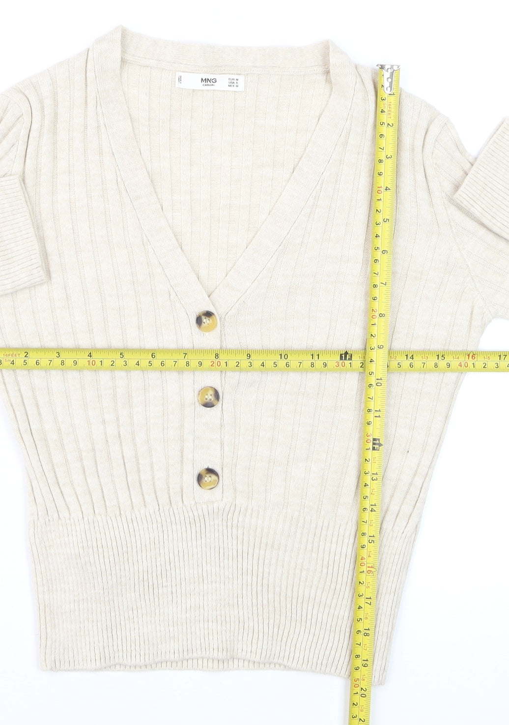 Mango Women Beige Ribbed V-Neck Button Cardigan Size 12