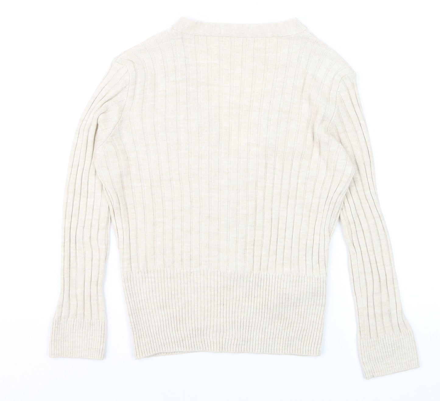 Mango Women Beige Ribbed V-Neck Button Cardigan Size 12
