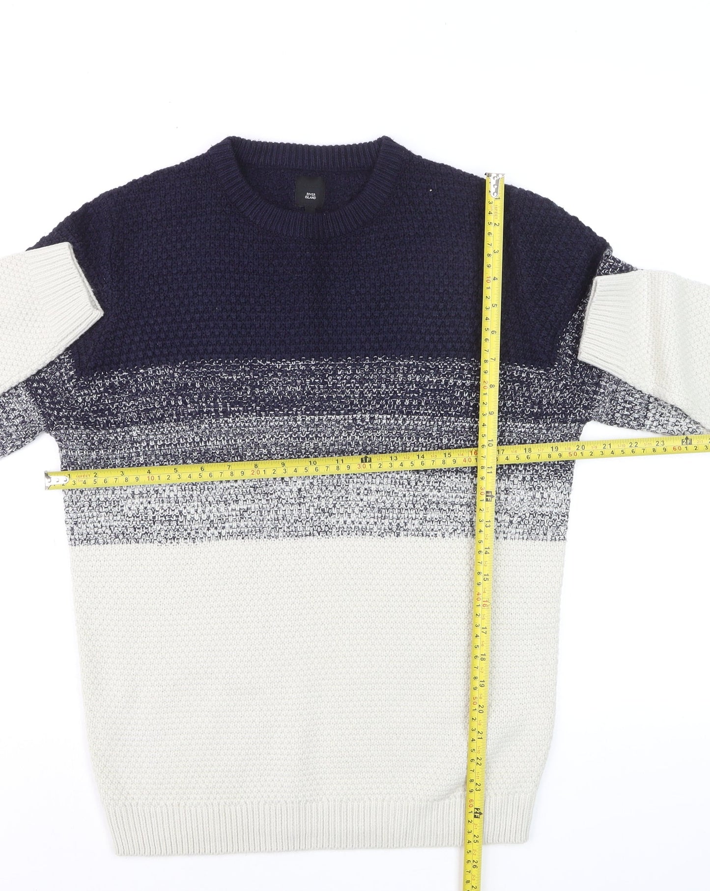 River Island Men's Blue Striped Knit Jumper Size S Crew Neck