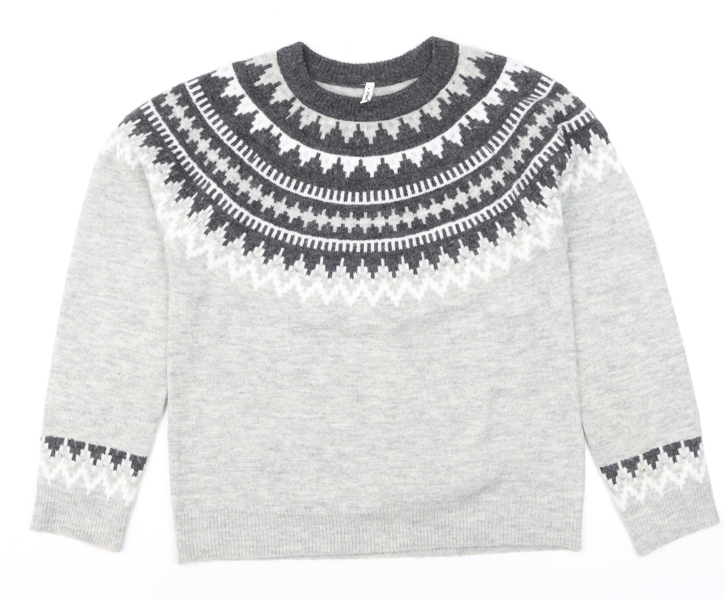 ONLY Men’s Grey Fair Isle Wool Jumper Size M Crew Neck Winter Knit