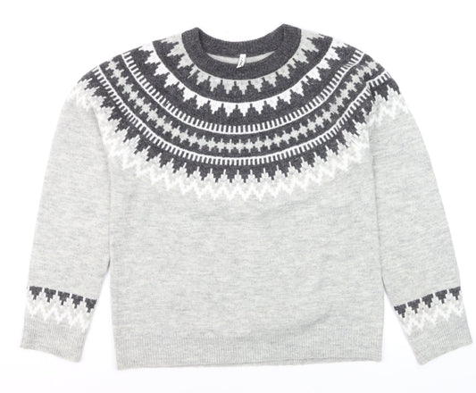 ONLY Men’s Grey Fair Isle Wool Jumper Size M Crew Neck Winter Knit