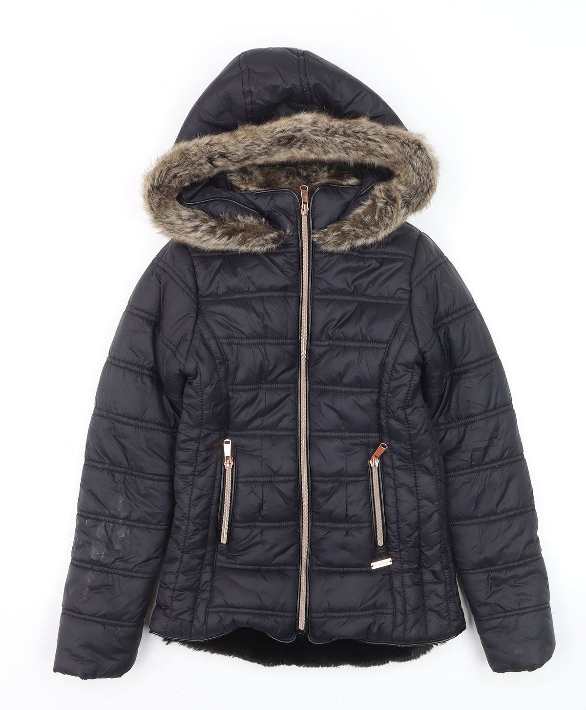 Firetrap Girls Black Faux Fur Hooded Puffer Jacket 9-10 Years