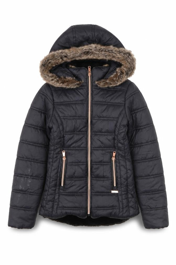 Firetrap Girls Black Faux Fur Hooded Puffer Jacket 9-10 Years