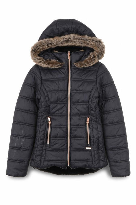 Front view of Firetrap girls’ black faux fur hooded puffer jacket 9-10 years