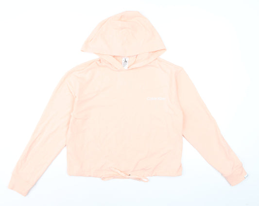 Calvin Klein Women Peach Hooded Pullover Hoodie XS Drawstring Hem