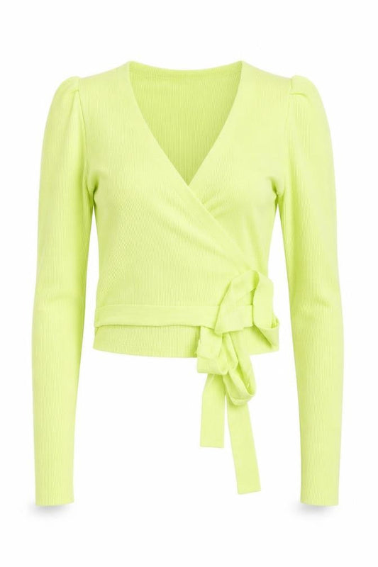 Front view of ASOS Women's Green Wrap V-Neck Slim Fit Puff Sleeve Jumper, size 6