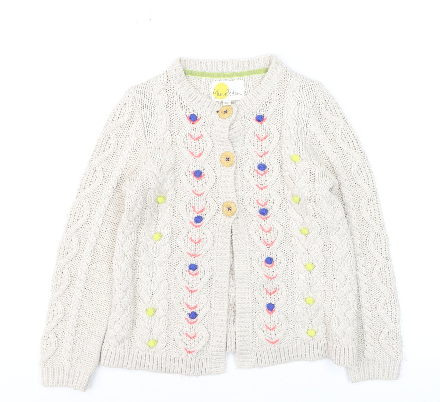 Mini Boden Girls Beige Cable Knit Cardigan 7-8 Years Button Embroidered Cotton