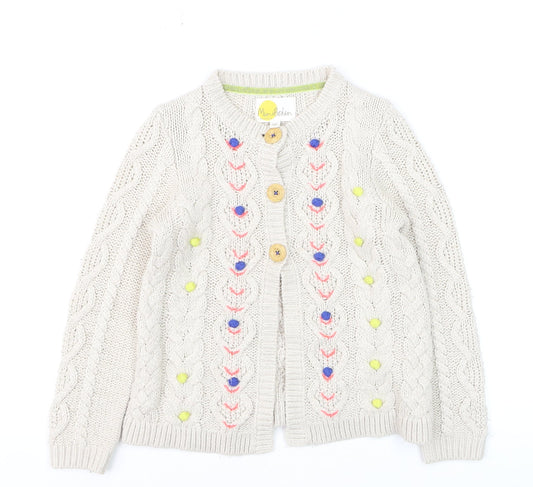 Mini Boden Girls Beige Cable Knit Cardigan 7-8 Years Button Embroidered Cotton