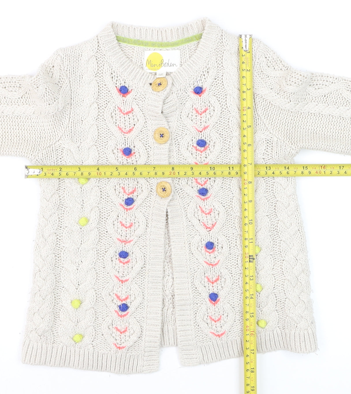Mini Boden Girls Beige Cable Knit Cardigan 7-8 Years Button Embroidered Cotton
