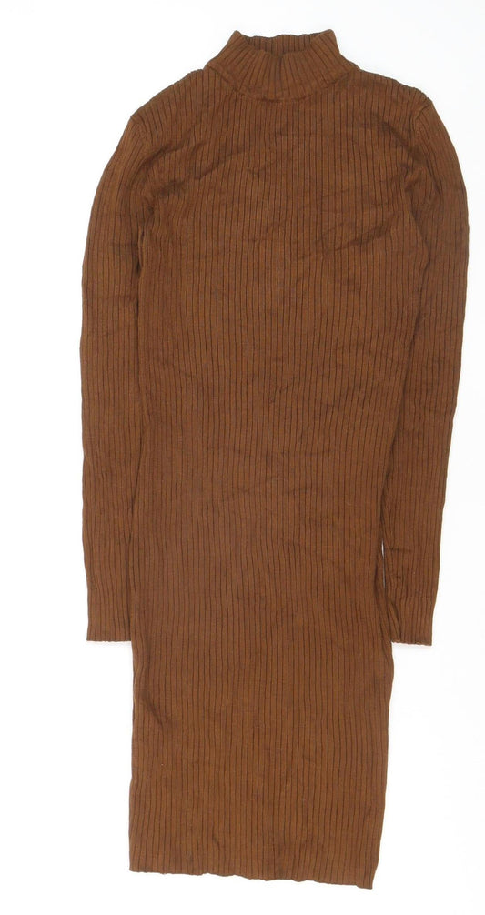 Amisu Women Brown Ribbed Mock Neck Long Sleeve Pullover Jumper M