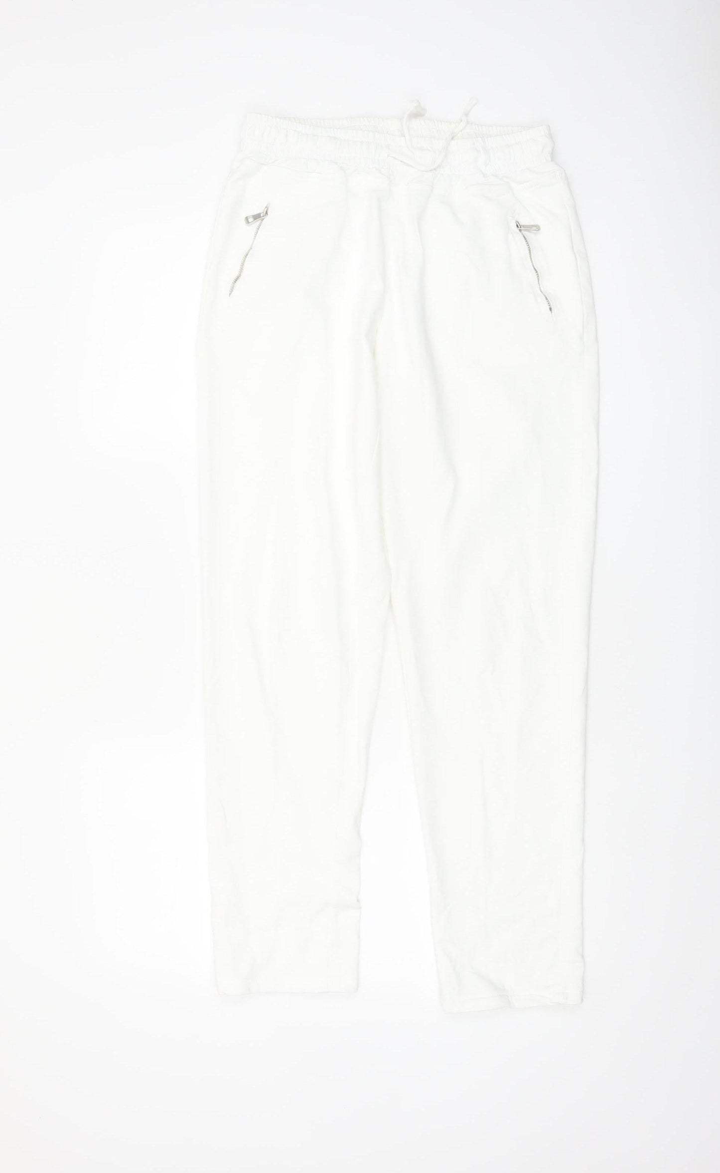 Luna Women White Jogger Trousers M Cotton Blend Elastic Waist