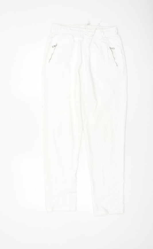 Luna Women White Jogger Trousers M Cotton Blend Elastic Waist