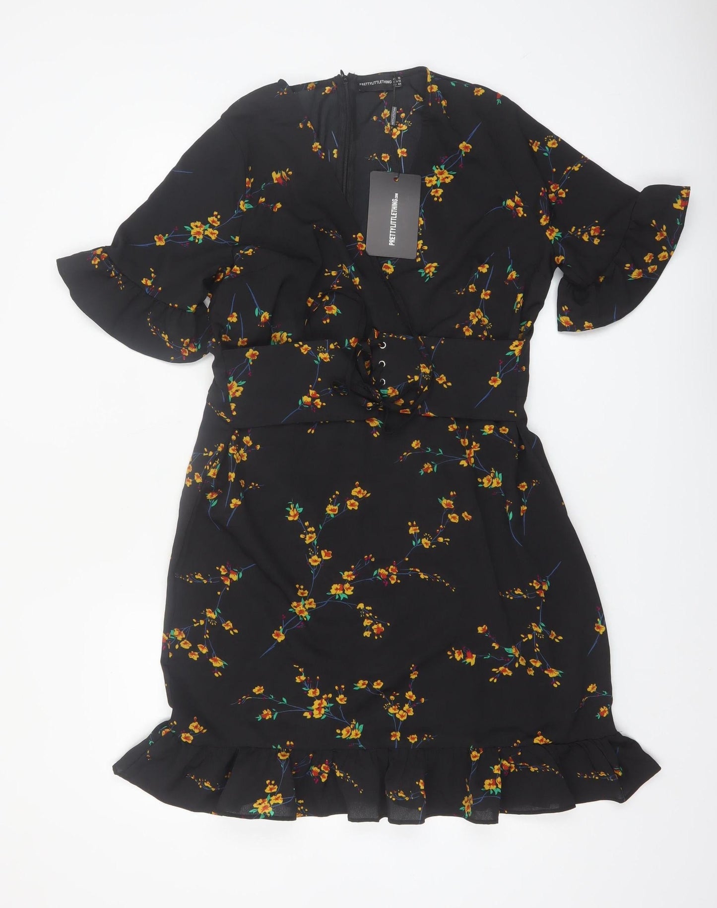 PrettyLittleThing Women Black Floral Wrap Short Dress Size 16