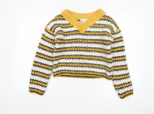 Topshop Women’s Multicoloured Striped Chunky Knit V-Neck Jumper Size 8 Tall