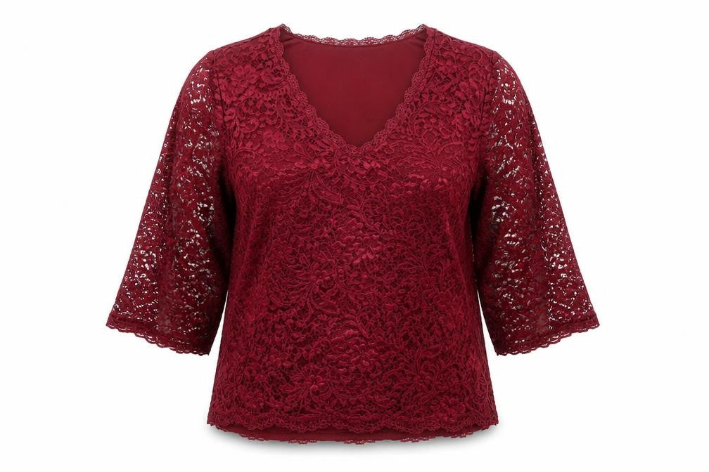 Roz & Ali Women's Red Lace 3/4 Sleeve V-Neck Blouse Size L
