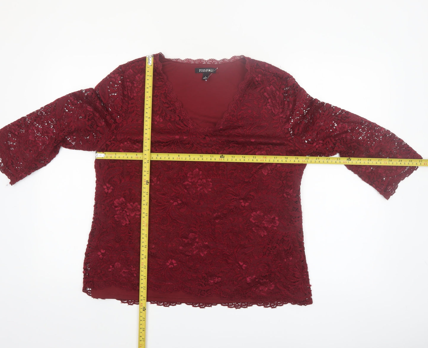 Roz & Ali Women's Red Lace 3/4 Sleeve V-Neck Blouse Size L