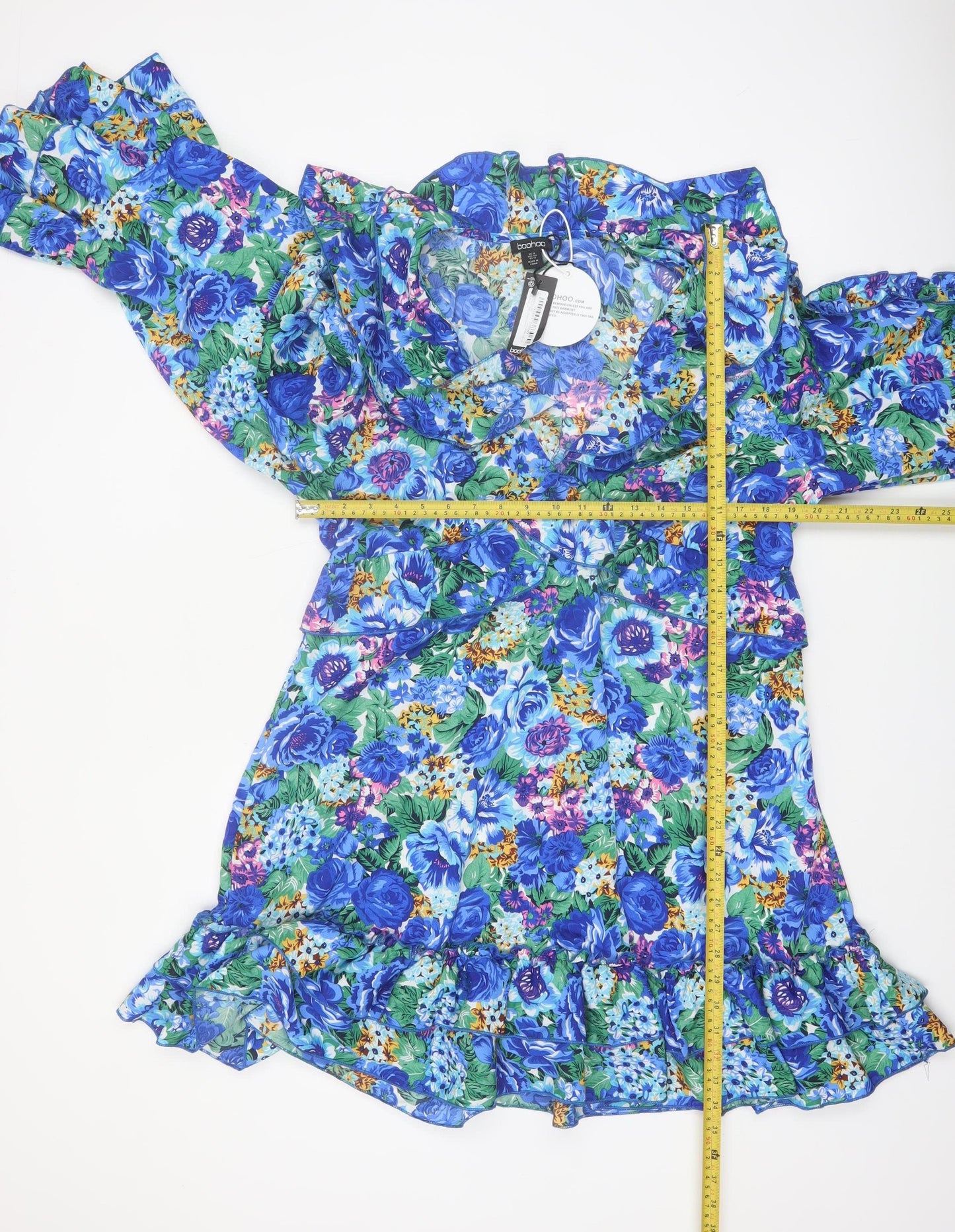 Boohoo Women Blue Floral Wrap Mini Dress Size 16 Long Sleeve Party