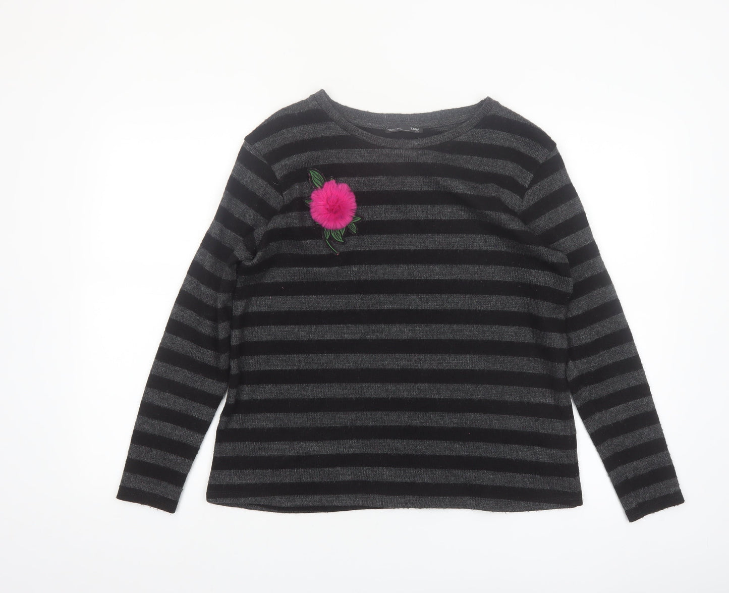 ZARA Womens Black Striped Knit Jumper M Crew Neck Long Sleeve