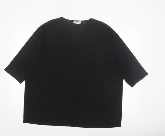 Gallery Women Black V-Neck 3/4 Sleeve Relaxed Fit Blouse XL
