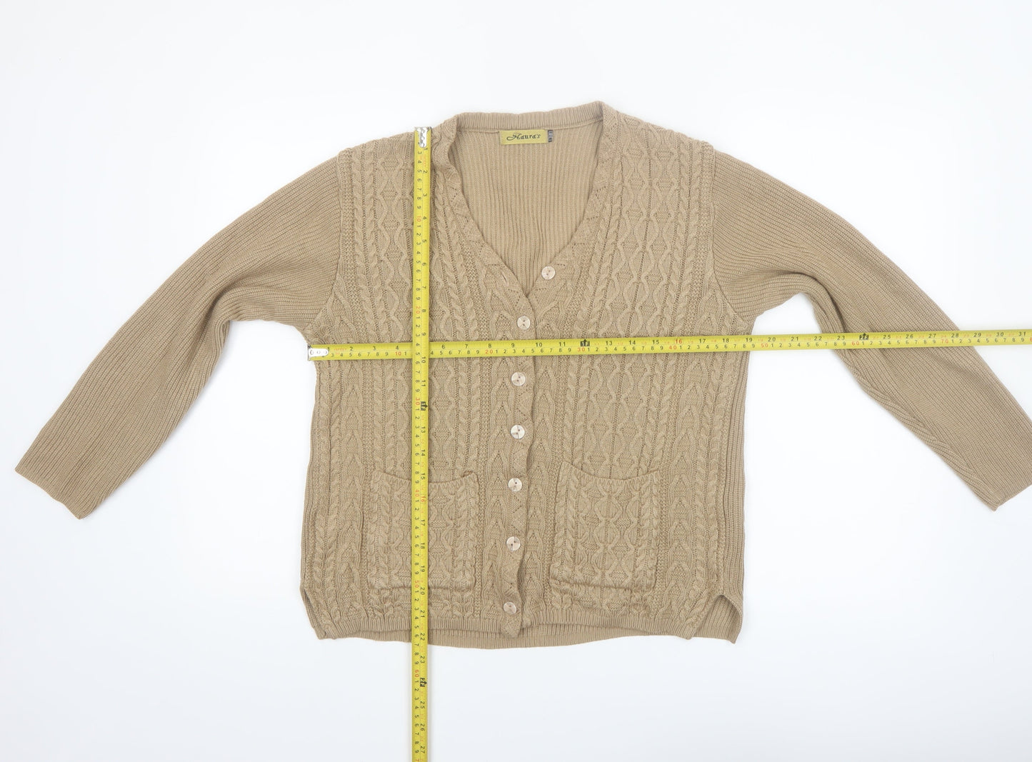Naura's Women Beige Cable-Knit Long Sleeve Cardigan Size 12