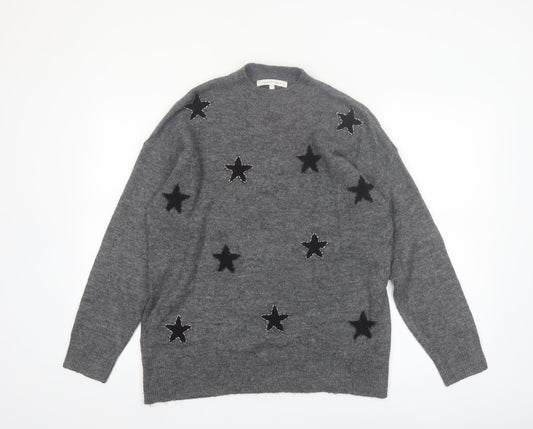 Next Womens Grey Star Embroidered Wool Blend Pullover Jumper Size M