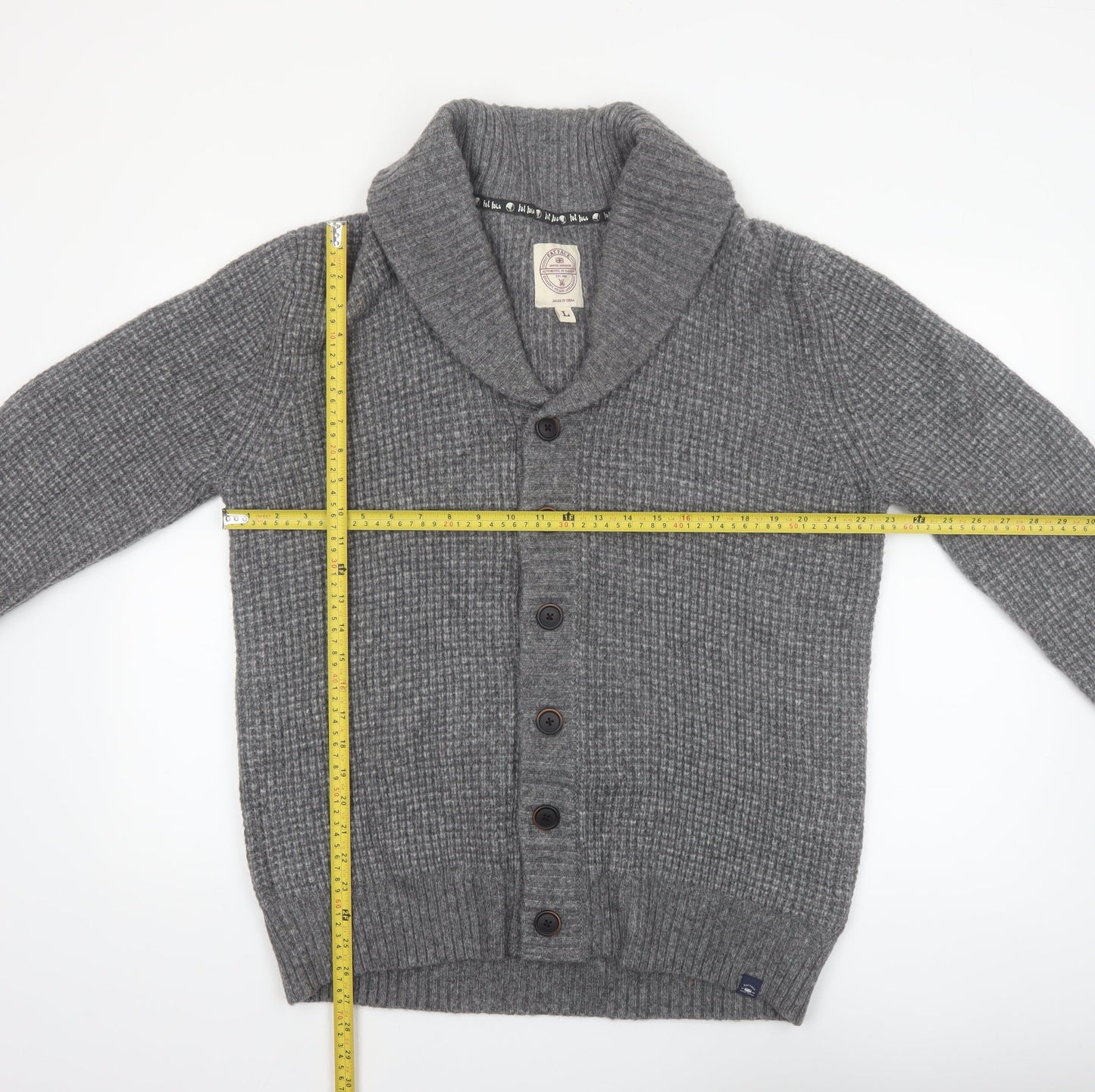 Fat Face Men's Grey L Wool Blend Chunky Knit Shawl Collar Cardigan