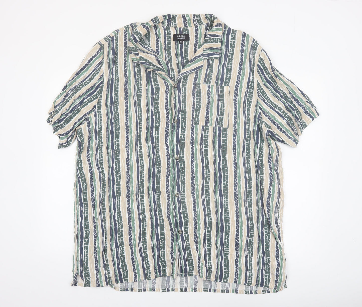 Dunnes Stores Men’s Beige Green Striped Short Sleeve 3XL Button-Up Shirt
